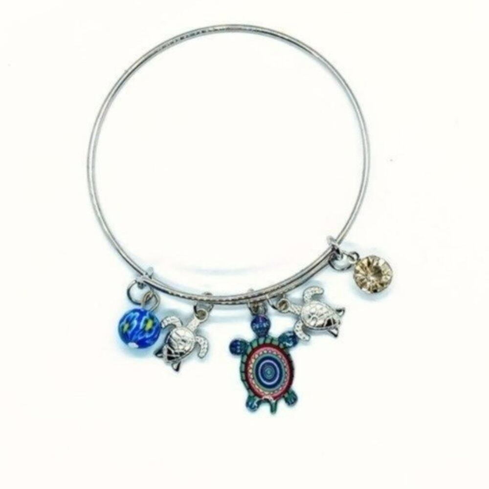 Beaded Sea Turtle Charm Colorful Bangle Bracelet